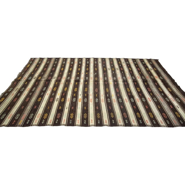 Brown & Ivory Vintage Striped Kilim Rug For Sale - Image 4 of 7