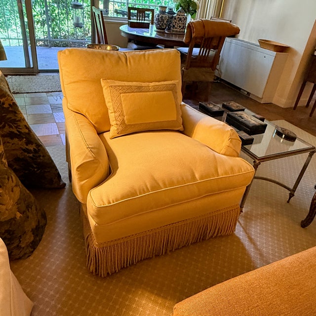 1990s Buttercream Yellow Swivel Lounge Chair With Scalamandré Bullion Fringe-2 Available For Sale - Image 5 of 11