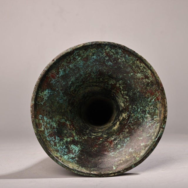 Bronze Gu Vase With Gold Inlay & Inscribed Markings, Archaic Scroll Motif, Tall Flared Ritual Style Bronze Vessel For Sale - Image 9 of 9