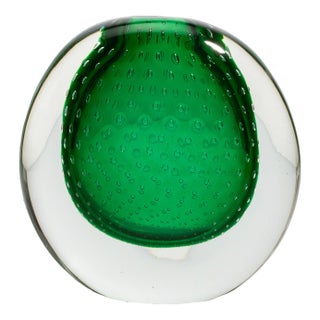 Hand Blown Murano Vase in Emerald Green With Bubbles For Sale