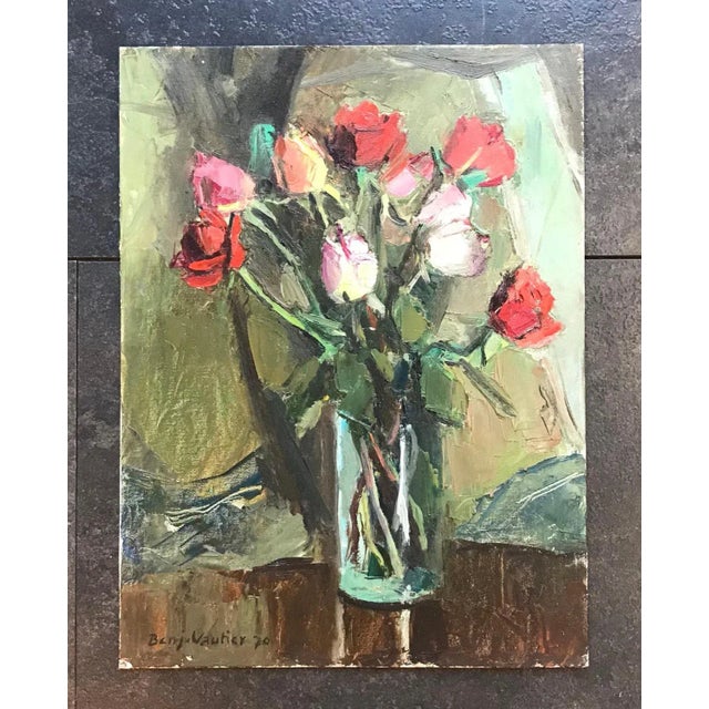 Benjamin Vautier, Bouquet of Roses, Oil on Wood, 1970 For Sale - Image 4 of 11