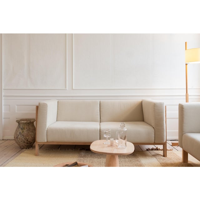 Beige LIFT Minimalist Three-Seater Sofa in Walnut Wood and Pearl Fabric Seat by Julien Renault For Sale - Image 8 of 9