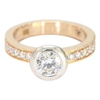 18k Yellow & White Gold Bezel Set Solitaire Ring With Diamond Band - Size 5.75 For Sale