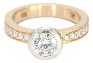 18k Yellow & White Gold Bezel Set Solitaire Ring With Diamond Band - Size 5.75