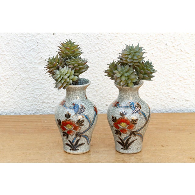 Red Pair of Miniature Floral Avian Crackle Glaze Jars For Sale - Image 8 of 8
