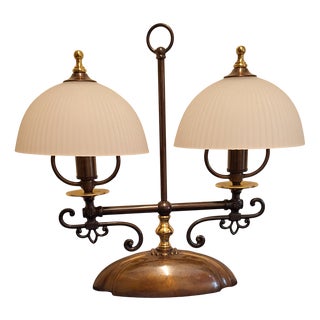 Vintage Table Lamp with Brass Frame with Two Ribbed White Glass Shades from Neukro-Leuchten, 1980s For Sale