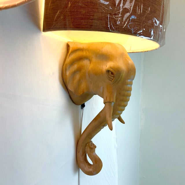 Brown Natural Bleached Wood Elephant Sconces With Linen Shades - a Pair For Sale - Image 8 of 12