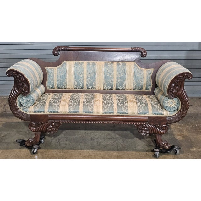 Store Item: Antique American Empire Style Carved Mahogany Sofa Paw Feet Wedgewood Damask Fabric Description: This...