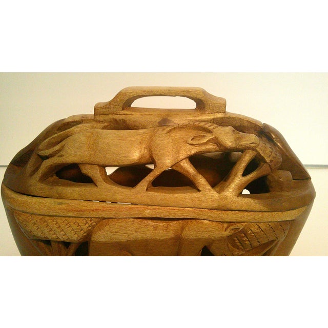 Late 20th Century Vintage Carved Wood Box With Lid Hand Carved African Safari Animals as Is / Read For Sale - Image 5 of 12