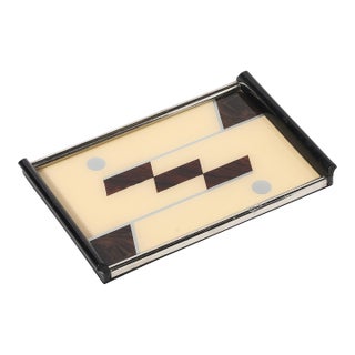 Art Deco Chrome & Eglomise Tray in Cream & Umber With Silvered Linear Detailing For Sale