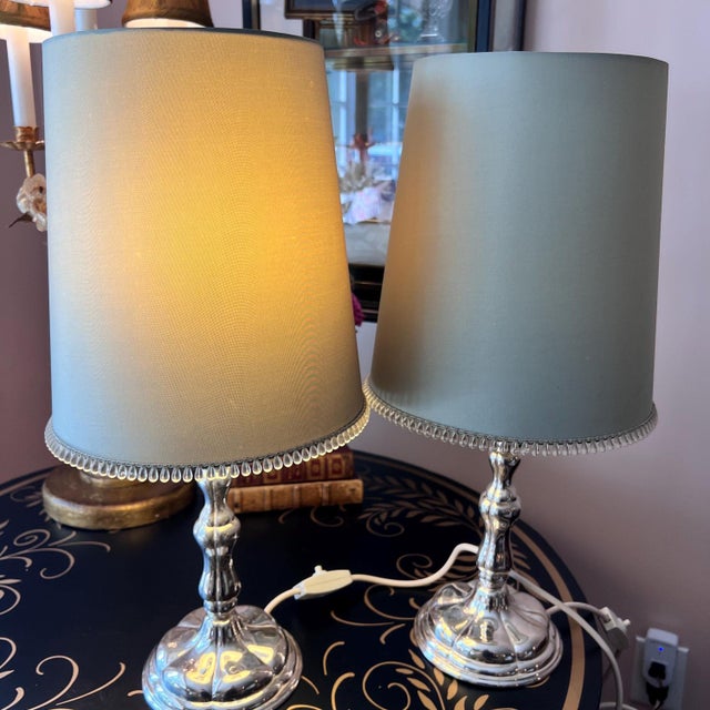 Metal Pair of vintage silverplate candlestick lamps with original silk shades with bead trim // Euro fitter lamp shades // elegant pair of lamps For Sale - Image 7 of 10