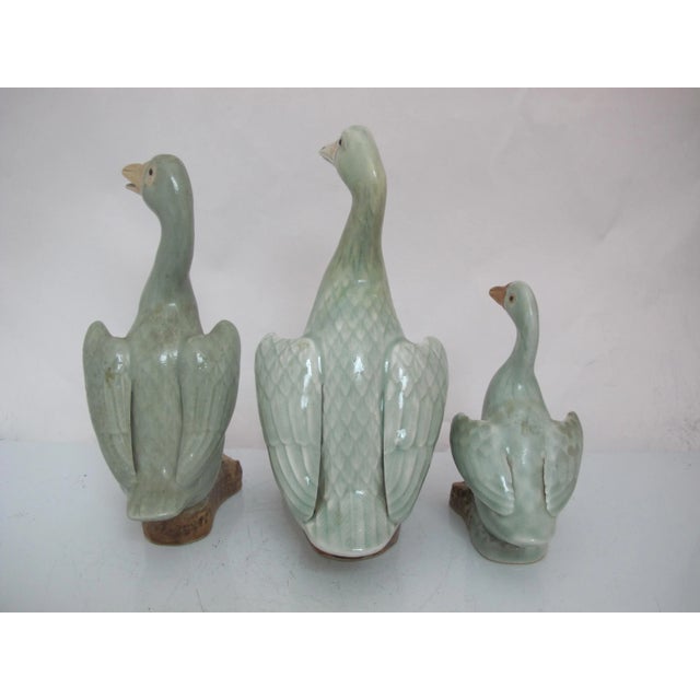 Vintage Chinese Celadon Glazed Porcelain Goose Family Figurine Statue Trio For Sale In Portland, OR - Image 6 of 10