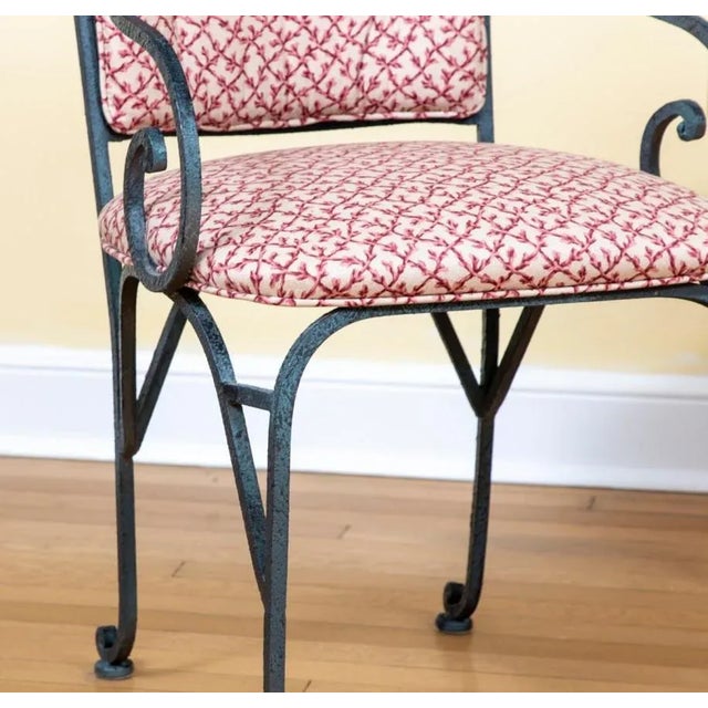 Black 20th C Black and Teal Wrought Iron Armchairs With Deep Pink and White Upholstery - a Pair For Sale - Image 8 of 12