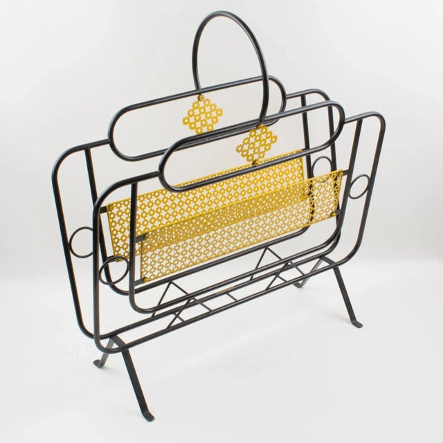 Yellow Mathieu Matégot Style Magazine Holder Rack Yellow and Black Metal For Sale - Image 8 of 13