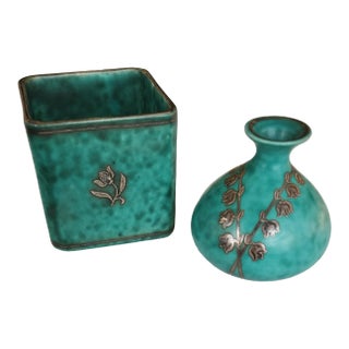 1930s Argenta Stoneware: Vase & Box by Wilhelm Kåge, Sweden For Sale