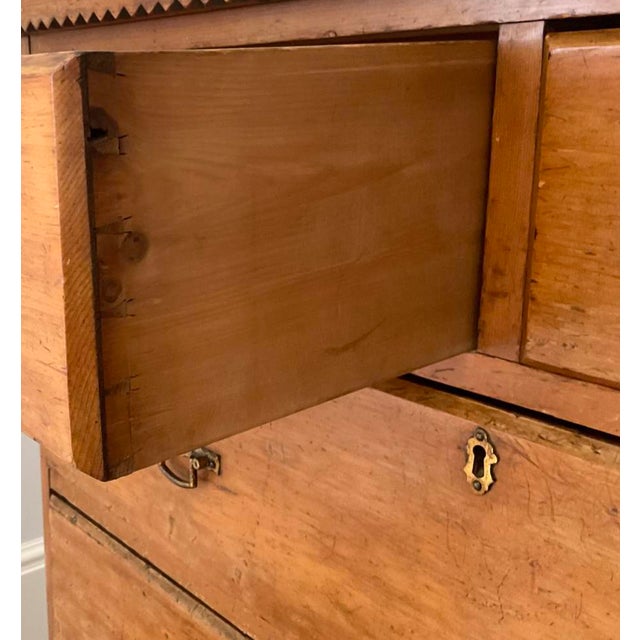 Farmhouse 19th Century European Pine Tallboy Chest of Drawers With Brass Hardware & Carved Detail For Sale - Image 3 of 6