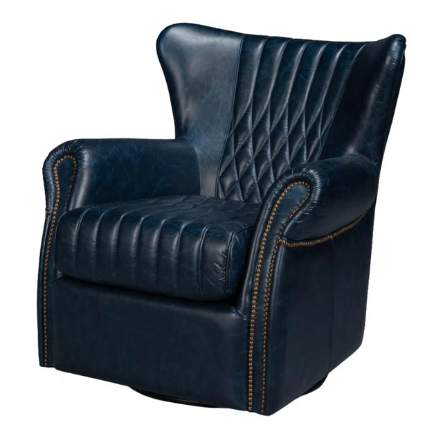 Classic Blue Leather Chair For Sale