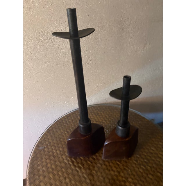 Pair of artisan handmade wood & bronze sculptured candlesticks - these have a Japanese flair. They are heavy and I believe...