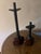 Pair of artisan handmade wood & bronze sculptured candlesticks - these have a Japanese flair. They are heavy and I believe...