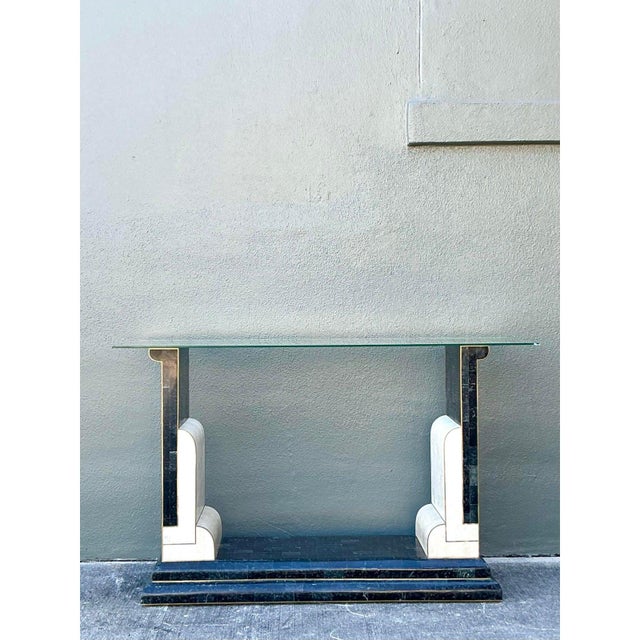 Vintage Boho Tessellated Stone and Brass Inlay Console Table For Sale - Image 10 of 10