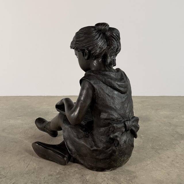 Contemporary Seated Bronze Girl Reading Sculpture – 21" H, Child With Book For Sale - Image 3 of 12