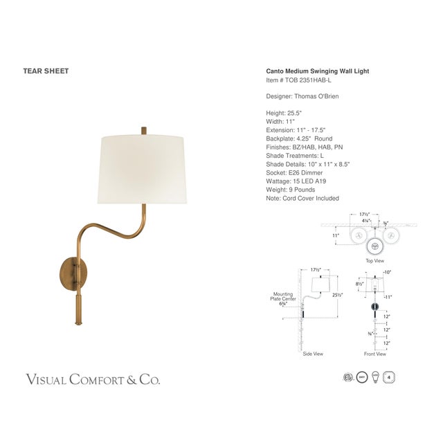 Modern Thomas O'Brien for Visual Comfort Signature Canto Medium Swinging Wall Light in Hand-Rubbed Antique Brass with Linen Shade For Sale - Image 3 of 6