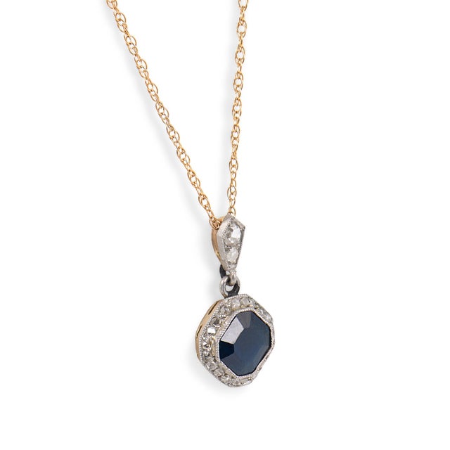 1910s Edwardian Sapphire Diamond Platinum 14k Gold Pendant Necklace For Sale - Image 4 of 6