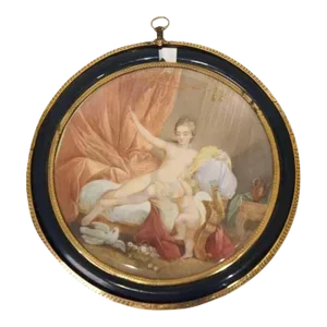19th Century Miniature French Gold Mounted Painting, After Jacques Charlier, Venus Disarming Love