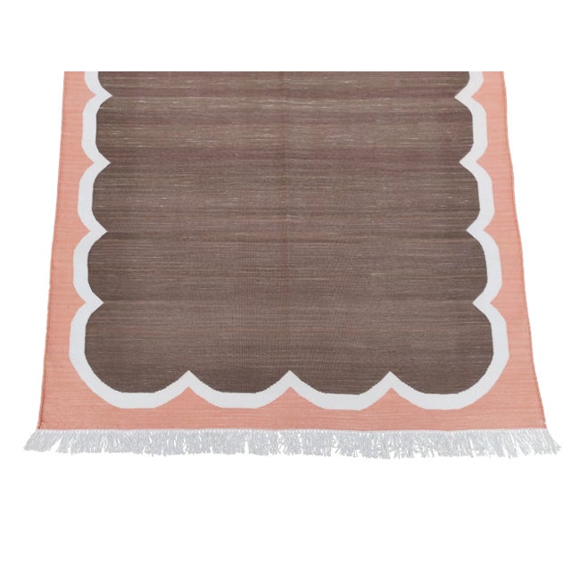 Brown Handmade Cotton Brown, Cream and Light Terracotta Washed Border Scalloped Rug - 4'x6' For Sale - Image 8 of 11