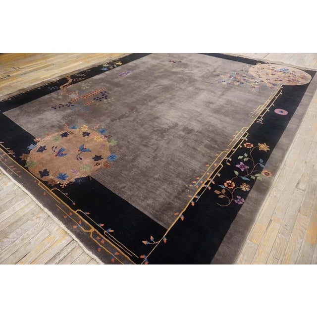 1920s Gray Floral Modernist Antique Chinese Art Deco Carpet 8'10" X 11'6" Handknotted Wool Rug For Sale - Image 4 of 10