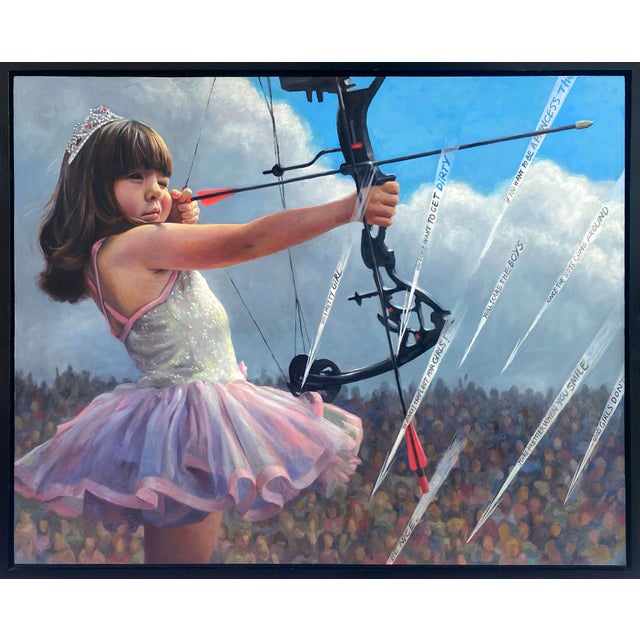 Early 21st Century Impenetrable Princess by Denise Dambrackas | Mixed-media: Acrylic & Oil on Panel of a girl with a bow and arrow For Sale - Image 5 of 5
