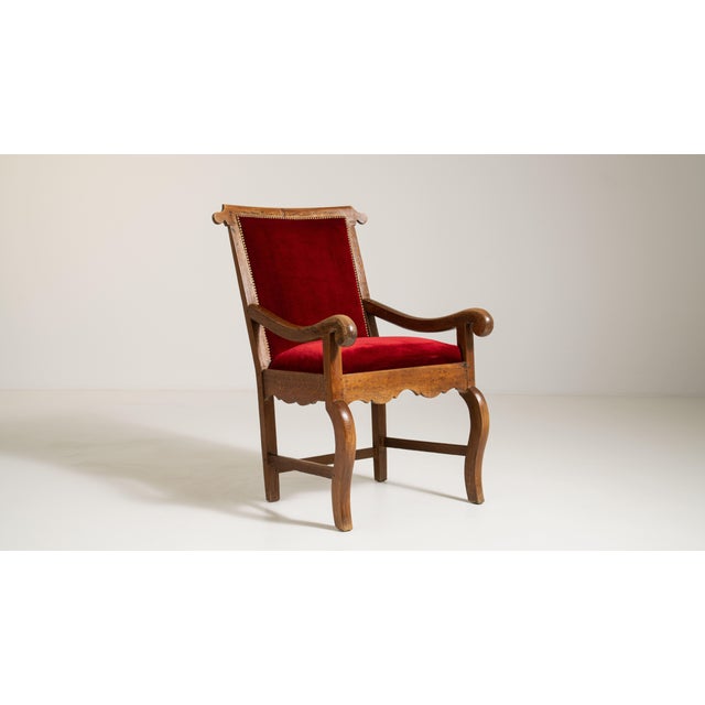 Wood Voltaire Oak Armchair with Velvet Upholstery, Antique, France, 19th Century For Sale - Image 7 of 12