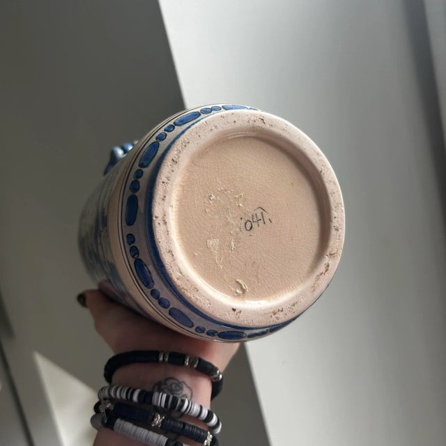 Vintage Chinoiserie Blue and White Floral Ceramic Vase With Lion Handle Details For Sale - Image 4 of 5