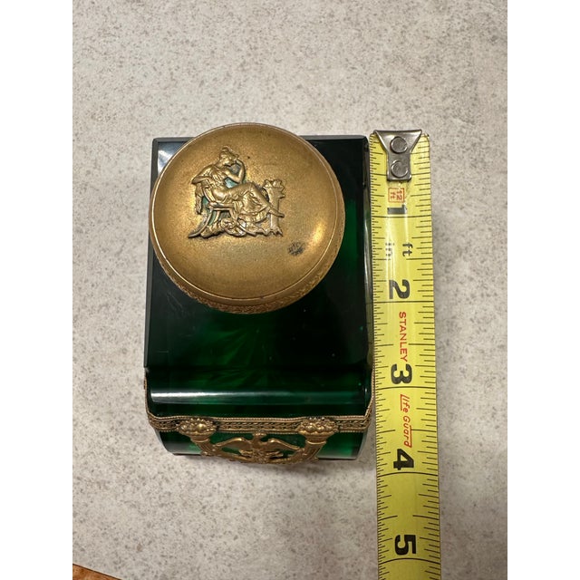 Glass Antique French Empire Style Emerald Green Glass & Gilt Inkwell For Sale - Image 7 of 10