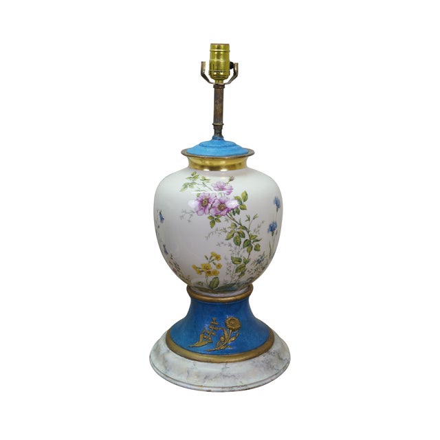 Chinoiserie 2 Antique French Floral Painted Butterfly Ginger Jar Mantel Urn Lamps Pair 34" For Sale - Image 3 of 18