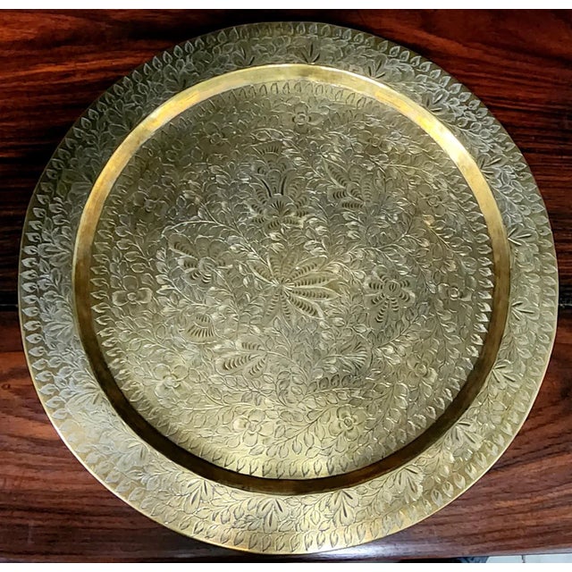 Indian Vintage Solid Bronze Finely Engraved Round Serving Tray For Sale - Image 10 of 10