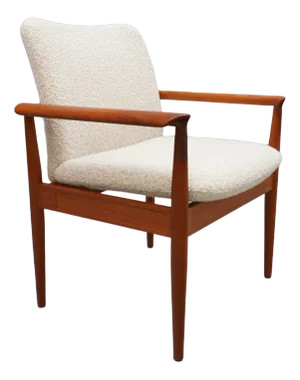 Teak Diplomat Chair in White Bouclé Fabric by Finn Juhl for France & Son