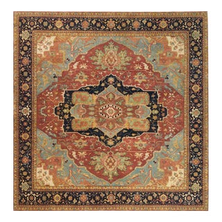 2010s Terracotta Red, Natural Dyes Densely Woven, Pure Wool Hand Knotted, Antiqued Fine Heriz Re-Creation, Square Oriental Rug For Sale