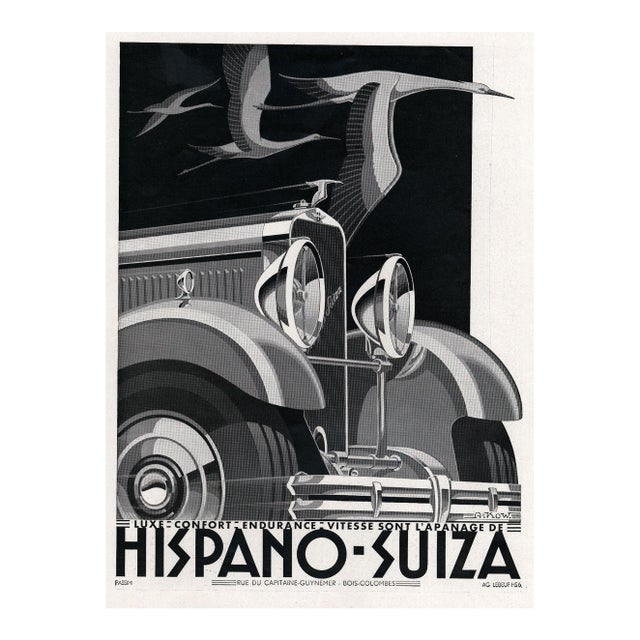 1932 Rare French Art Deco Hispano-Suiza Automobile Print by a Kow For Sale