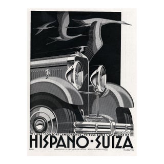 1932 Rare French Art Deco Hispano-Suiza Automobile Print by a Kow, Matted For Sale