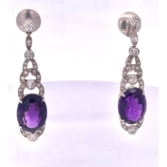 1920s Edwardian 21ct Amethyst Platinum Drop Earrings With Diamond Accents, Pair For Sale - Image 11 of 12