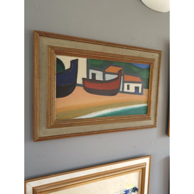 Mid-Century Modern 'Boats at Rest' Vintage Original Coastal Landscape Oil Painting, Framed For Sale - Image 4 of 12
