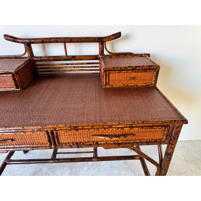 1980s Vintage British Colonial Style Faux Burnt Bamboo and Grasscloth Pagoda Desk and Chair For Sale - Image 5 of 10