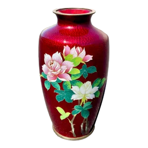 Japanese Vintage Red Ginbari Cloisonne Floral Vase