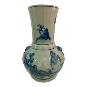 Vintage Chinoiserie Celadon & Cobalt Blue Vase With Lion Mask Handles