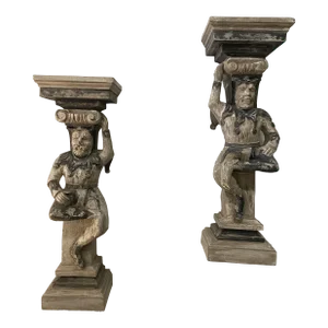 Vintage Primitive Wood Jester Corbel Wall Sconces Original Chippy Paint -A Pair