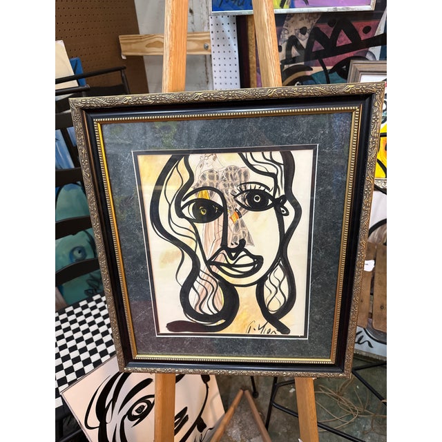 1970s Peter Keil Abstract Painting of a woman in black oil over a fashion drawing. Executed on paper COA on back...