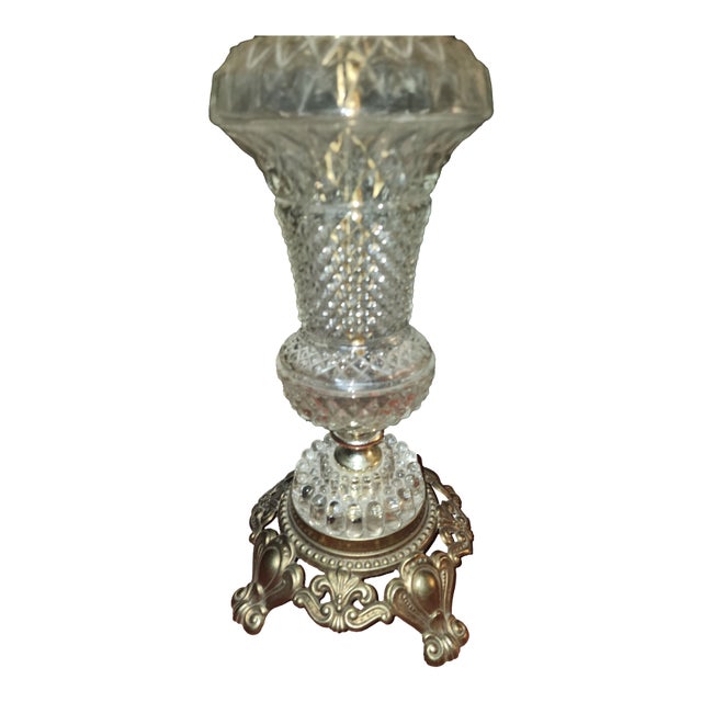 ​Pair of Vintage 1967 Hollywood Regency Pressed Glass & Ornate Brass Table Lamps For Sale