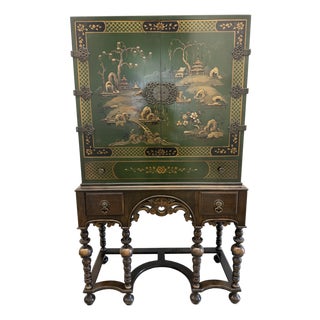 Vintage Alexander Bros. Green Asian Lacquered Bar Cabinet/Cupboard on Barley Twist Stand For Sale