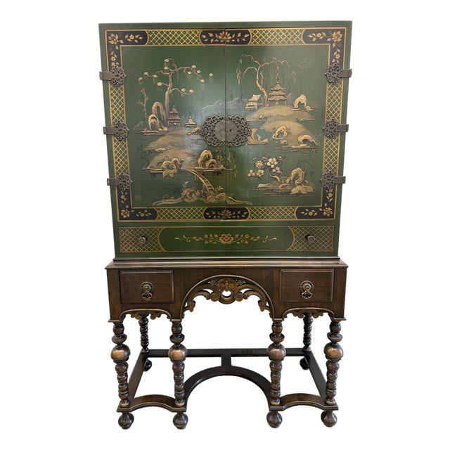 Vintage Alexander Bros. Green Asian Lacquered Bar Cabinet/Cupboard on Barley Twist Stand For Sale